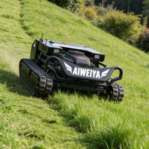 Crawler remote control mower working on a grassy slope
