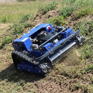 Crawler remote control lawn mower cutting grass on a steep slope